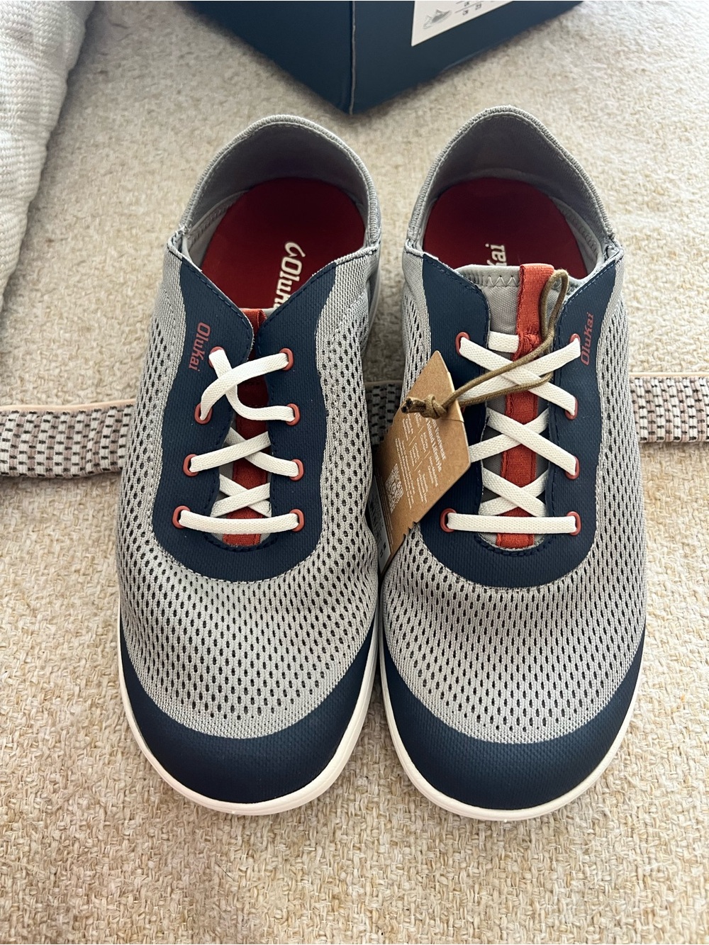 OluKai Men’s Breathable Lace-Up Sneakers in Gray, Navy & Red